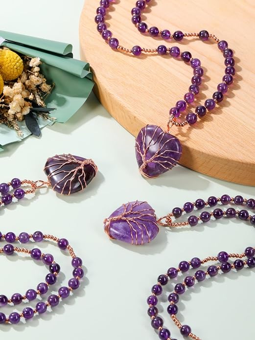 Top Plaza Healing Crystal Amethyst Necklace Natural Stone Beads Life Tree Wire Wrapped Teardrop Gemstone Pendant Jewelry for Women Mom
