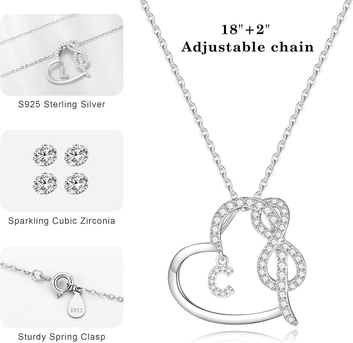 Infinity Heart Necklaces for Women, S925 Sterling Silver Initial Necklace Womens Jewelry Mothers Day Gifts Girls Valentines Gifts for Her Christmas Birthday Gifts for Women Mom Wife Girlfriend