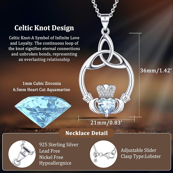 Gift Birthstone Necklaces for Women 925 Sterling Silver Irish Claddagh Necklace for Women Heart Birthstone Pendant Necklace Anniversary Birthday Gifts for Wife Lady Cable Chain 18"+2"