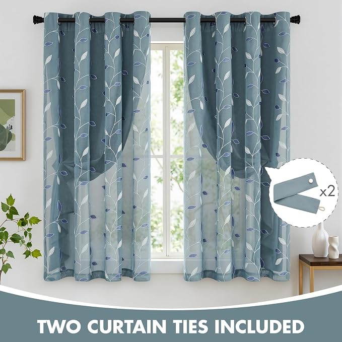 MIULEE Dusty Blue Double Layer Curtains 63 Inches Long, Leaf Patterned Sheer Floral Drapes and Blackout Room Darkening Window Curtains for Living Room Bedroom, Grommets Top, 52" W x 63" L, 2 Panels