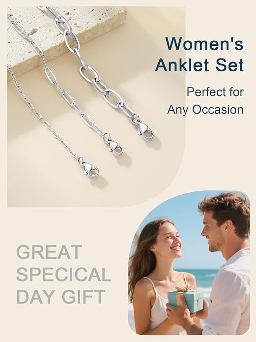 ChainsPro Stainless Steel Waterproof Anklet for Women, Adjustable Non Tarnish Layered Anklets, Trendy Dainty Cuban Link Ankle Bracelet Beach Jewelry Gifts for Swimming & Daily Wear (8.5+2 inches)