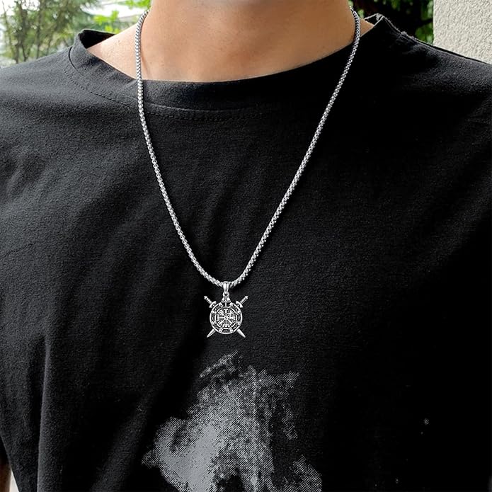 PROESS Viking Axe/Sword/Skull Necklace S925 Sterling Silver Thors Hammer Necklace Amulet Dagger Pendant Norse Viking Rune Jewelry Gifts for Men Women