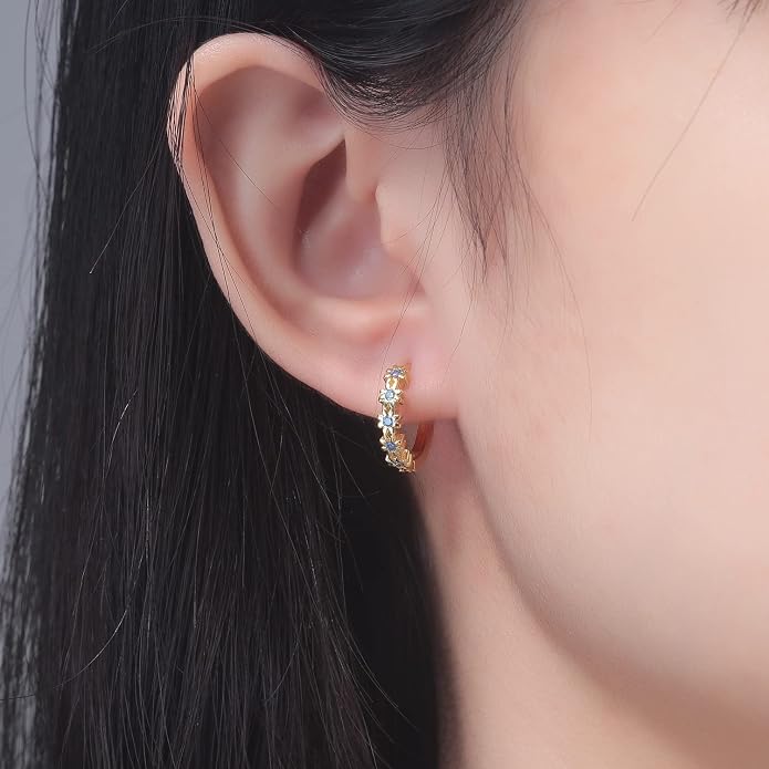 CiNily Small Hoop Earrings for Women Girls Flower Cubic Zirconia Huggie Earrings Hypoallergenic 14K Yellow Gold Plated Cartilage Earrings