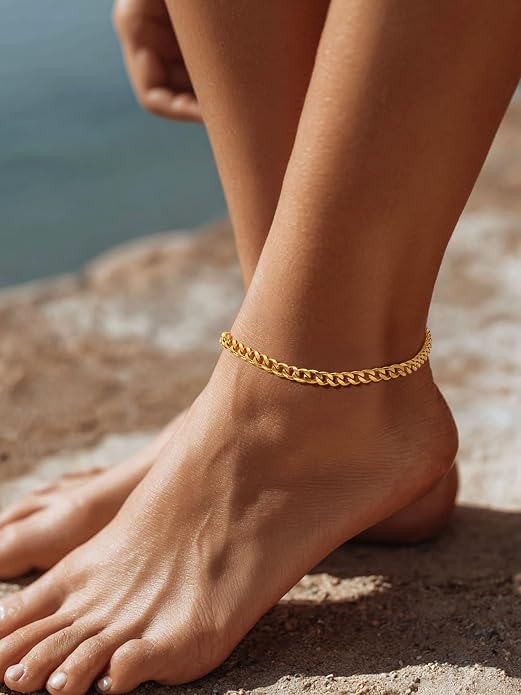 ChainsPro Resizable Anklet Chain for Women Men, Figaro/Wheat/Twist Rope/Cuban Foot Bracelet-Strong with Good Clasp-18K Gold Plated(Send Gift Box)