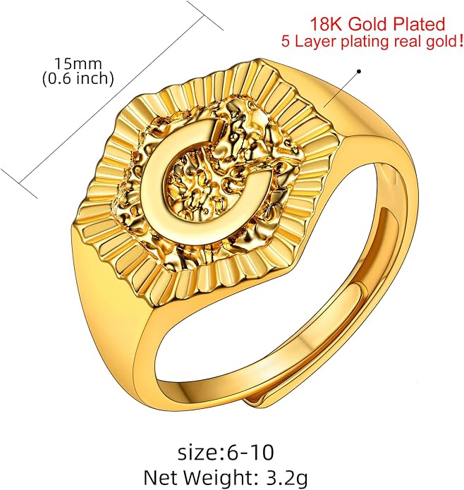 KeyStyle Bold Initial Letter Rings Adjustable, GoldChic Jewelry Women Gold Statement Ring Personalized Engraved Women’s Open Signet Ring for Party (Gold, White Gold, Black)