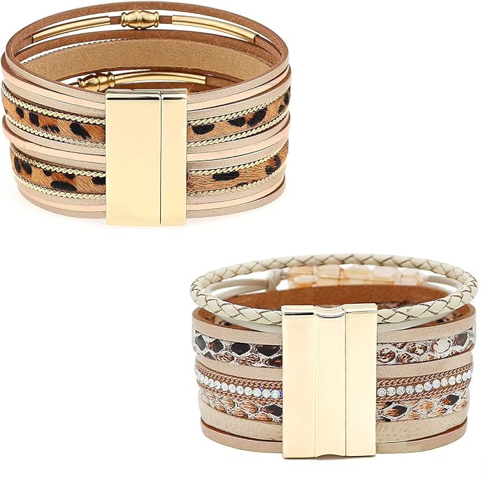 Wowanoo 3Pack Leather Cuff Bracelet Set Multilayer Wrap Bracelet Crystal Feather Tree Bracelet Magnetic Clasp Bracelet for Women