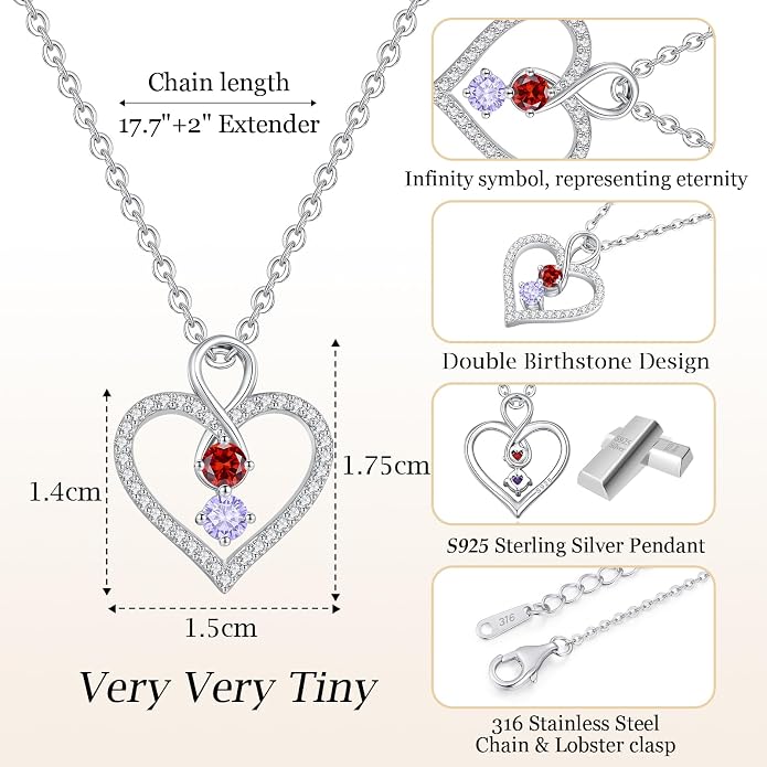 LOUISA SECRET Double Birthstone Necklaces for Women, 925 Sterling Silver Infinity Love Heart Pendant Necklace for Her, Birthday Anniversary Valentine's Day, Christmas, Wedding, Graduation Gift for Her, Personalized Gifts, Jewelry Gifts for Wife Mom Gir...