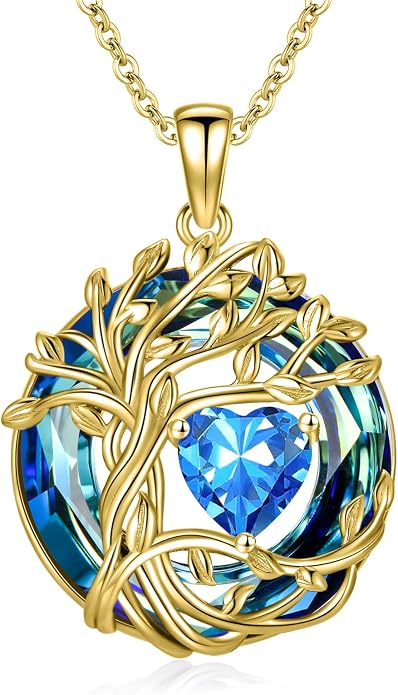 TOUPOP Tree of Life Birthstone Necklace Sterling Silver Pendant Birthstone Necklaces with Blue Crystal Anniversary Birthday Jewelry for Women Mom Wife Her