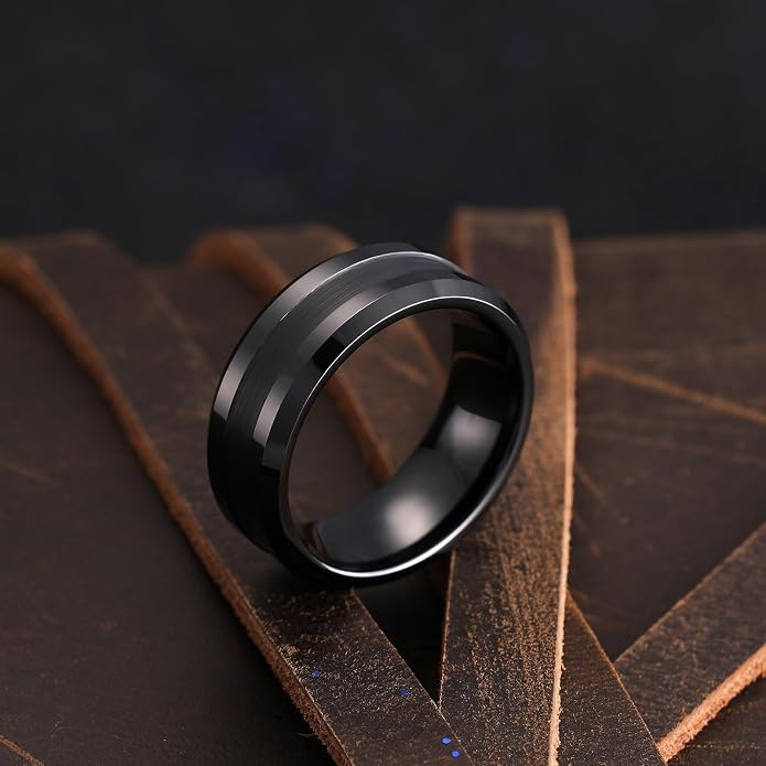 King Will Classic Tungsten Carbide Ring Brushed Two Grooved Center Hammered Design Mens Wedding Band for Men