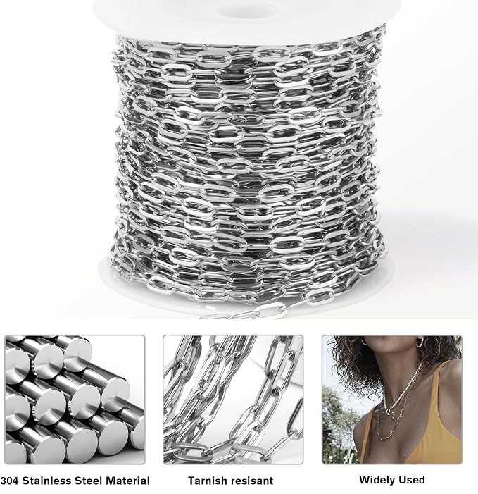 [33 Ft] Stainless Steel Paperclip Chains Roll, 3.3 * 7mm Width 304 Stainless Steel Oval Link Chains Spool Bulk for Jewelry Making