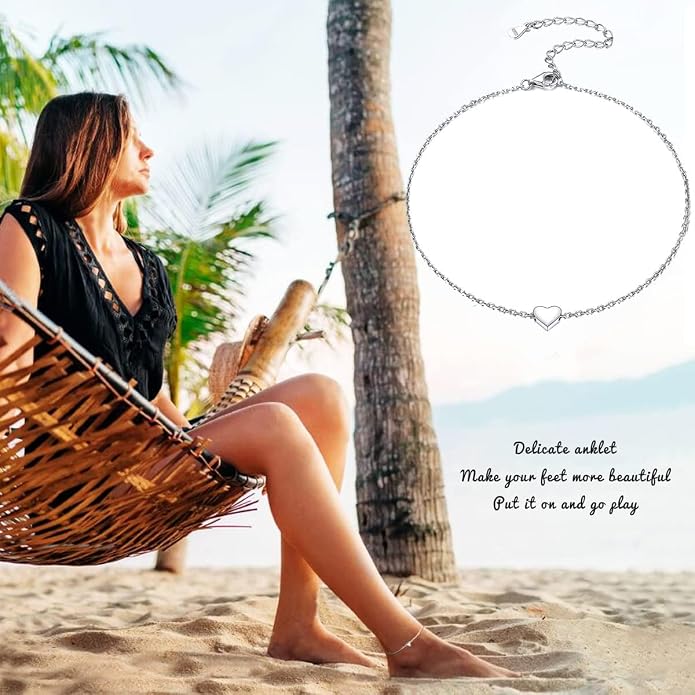 ChicSilver Personalized 925 Sterling Silver Tiny Heart/Moon/Star/Sun/Dot/Triangle Anklets Simple Dainty Foot Jewelry for Women, Silver/Gold Plated/Rose Gold Plated