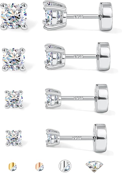 GEMQUEEN 3/4 Pairs Moissanite Earrings Studs 14K Gold Plated S925 Sterling Silver Flat Back Earring for Women Men - Hypoallergenic Set Cartilage Helix Piercing Jewelry Trendy D Color VVS1