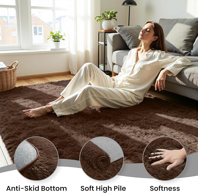 5x8 Area Rug for Living Room, Ultra Soft Fluffy Brown Rugs for Bedroom, Non Slip Large Shag Carpet, Fuzzy Plush Nursery Rug, Thick Washable Indoor Floor Carpets for Kids Office Dorm Home Decor