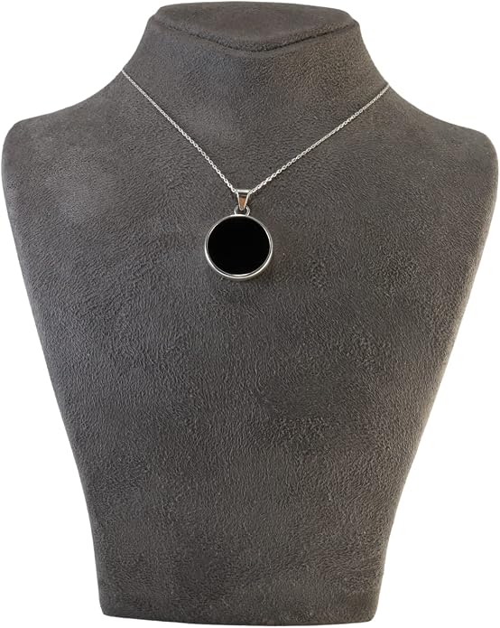 Sterling Silver 925 Black Onyx Flat Round Handmade Pendant Necklace for Women & Men - Unisex