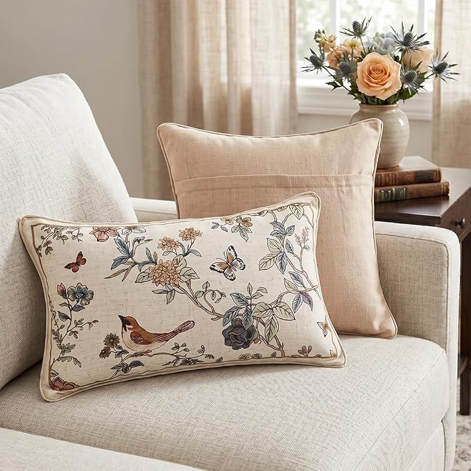 ISAENNE Designer Vintage Linen Throw Pillow Cover,20"x12"-Cornucopia A | Elegant French Rectangle Pillow Cover,Concealed Zipper,Floral and Bird Pattern,Sofas,Bedroom,Living Room,Lounge Chairs