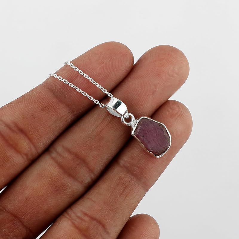 Natural Real Raw Pink Sapphire Crystals Bezel Pendant Necklace, Birthstone, Healing Rough Gemstone, 925 Sterling Silver Jewelry 18 inch (1 pendant)