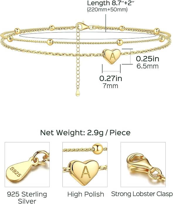 ChicSilver Sterling Silver Anklets for Women 925 Ankle Bracelets for Women Layered Heart Anklet With Beaded Anklets for Women