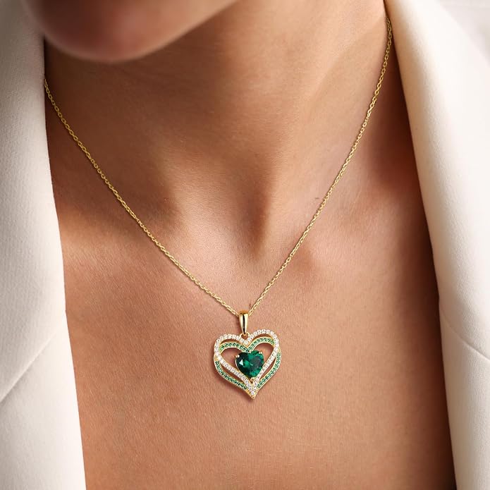 Anniversary Charm Necklace, Sterling Silver 14K Gold Plated Chain with Interlocking Heart Pendant Elegant Birthstone Necklaces for Women, Length 18"