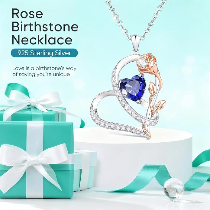 Rose Heart Birthstone Necklace for Women - Dainty 925 Sterling Silver Necklaces for Women Trendy CZ Pendant Necklace Jewelry Birthday Anniversary Christmas Gifts for Girlfriend Mom Lady Daughter