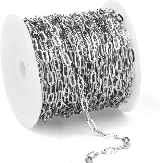 [33 Ft] Stainless Steel Paperclip Chains Roll, 3.3 * 7mm Width 304 Stainless Steel Oval Link Chains Spool Bulk for Jewelry Making