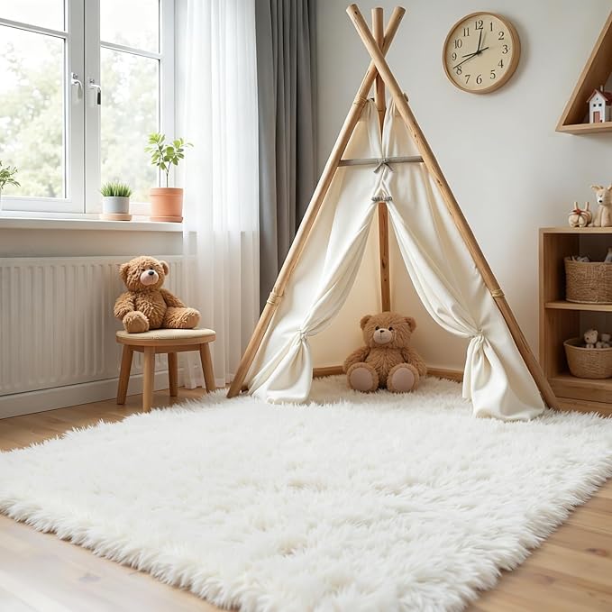 4x6 Area Rug for Living Room, Ultra Soft Fluffy Shag Rugs for Bedroom, Non-Slip Large Fuzzy Plush Rug Indoor Floor Carpet for Nursery Kids Office Dorm Modern Decor, White