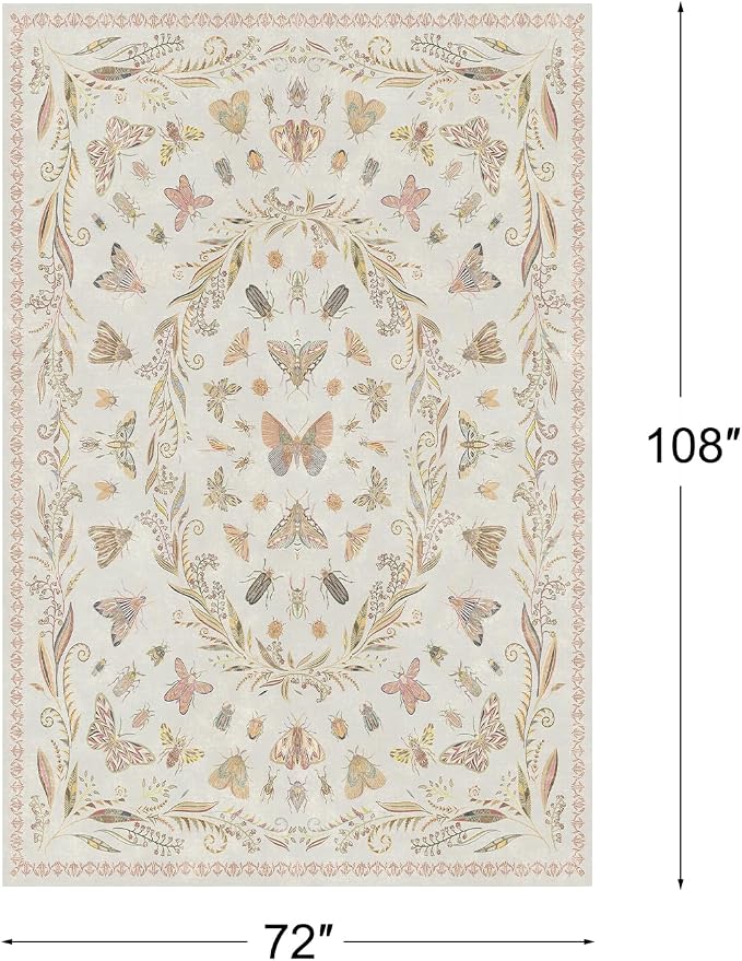 Lunasun Beige Pink Rugs for Bedroom Under Bed - 6x9 Area Rug for Living Room, Dining Room, Kids Playroom, Fun Insect Cute Décor,Ultra Soft Non Slip Stain Resistant