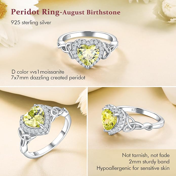 DAYBYDAY Celtic Birthstone Rings for Women 925 Sterling Silver Heart/Round/Pear/Oval Created Gemstone Moissanite Halo Engagement Promise Rings for Her Wife Birthday Anniversary Wedding Jewelry