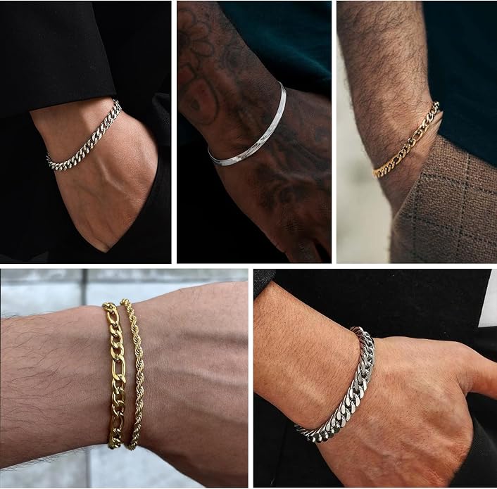 Zocomi 6 Pcs Chain Bracelet for Men, Stainless Steel Cuban Curb Link Rope Paperclip Figaro Herringbone Chain Bracelets Set Jewelry Gifts for Man Woman Boys 7.5/8.3/9 Inches