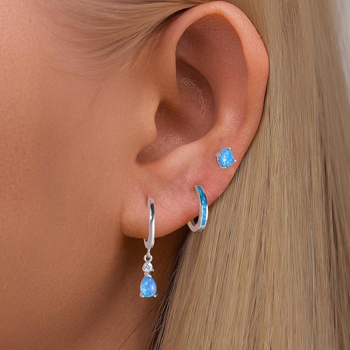 CiNily Opal Earrings Set for Women Hypoallergenic, Opal Stud Huggie Hoop Earrings Silver/Rose Gold Plated Dainty Hoop Huggie Silver Dangle Earring Stacks, Gold Jewelry