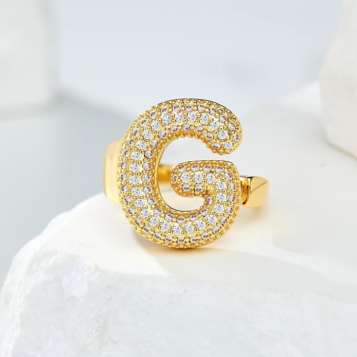 Cicy Bell Initial Rings for Women 14k Gold Plated Cubic Zirconia Delicate Letter Chunky Statement Open Rings Gifts for Her