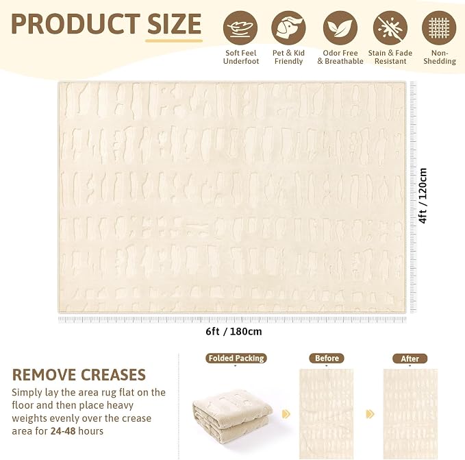 Yamaziot 4x6 Washable Area Rug, High-Low Grid Textured Living Room Rugs, Soft Fluffy Non-Slip Mats Stain Resistant Contemporary Boho Carpet for Dining Room, Kids Nursery Room, Bedroom, Office