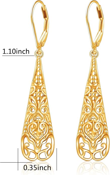 Sterling Silver Leverback Dangle Earrings for Women Teardrop Filigree 14K Gold Plated Dangly Earrings Mother’s Day Gift