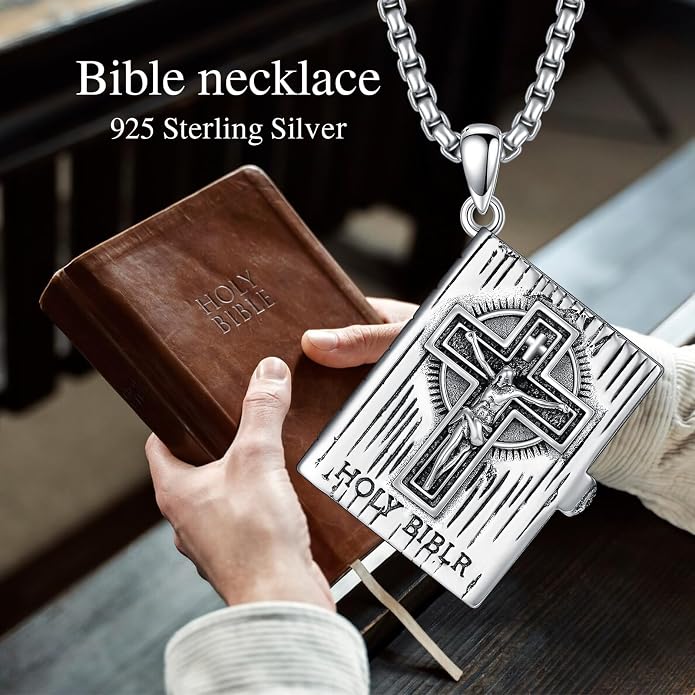 LEECCl Men's Necklaces 925 Sterling Silver Thors Hammer/Cross of Thorns/Bible/St. Michael Gothic pendant Religious Jewelry for Men Father