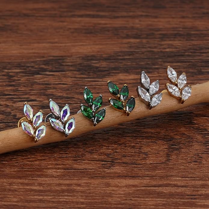 FINE4U 1PC Leaf Flat Back Stud Flat, Helix, Conch, Tragus 6mm 8mm - ASTM F136 Titanium Screw on Body Piercing Jewelry