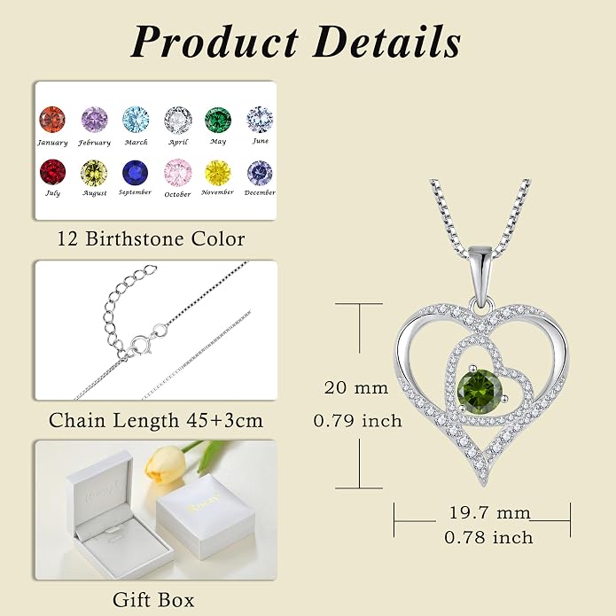 Love Heart Necklace for Women 925 Sterling Silver Birthstone Pendant Necklace Dainty Jewelry for Women Wife Mother Christmas Birthday Mother's Day Gift