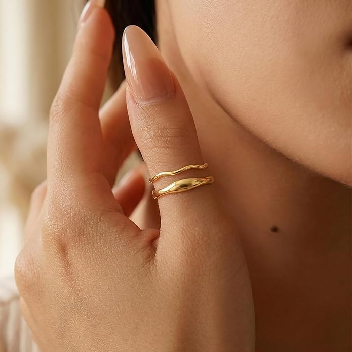 Gold Rings for Women Men Non Tarnish, Waterproof Chunky 14K Gold Plated Dainty Stackable Rings Trendy Statement Pinky Thumb Rings Engagement Eternity Wedding Band Ring Stacking Gold Jewelry Size 3 4 5 6 7 8 9 10 11