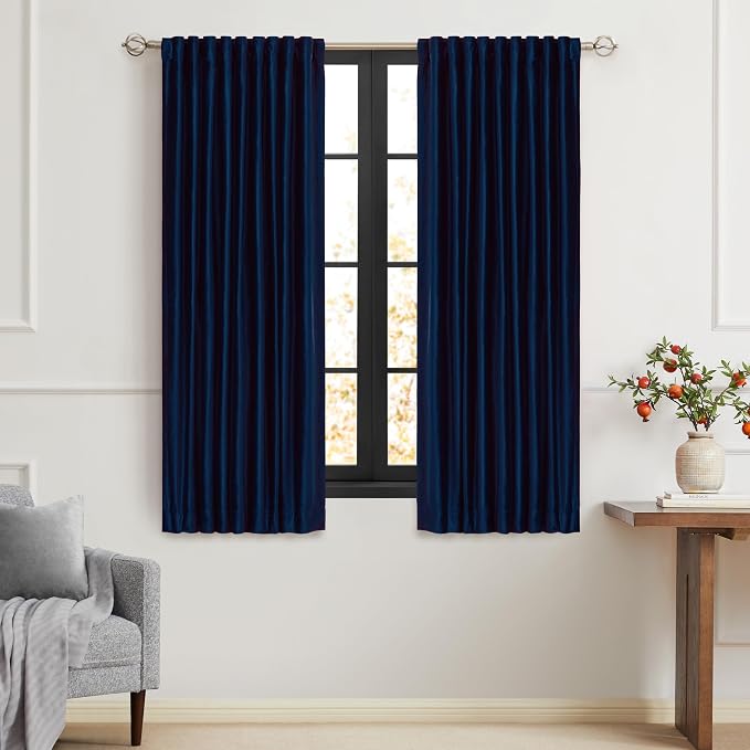 Navy Blue Velvet Curtains 63 inch Long for Living Room,Luxury 2 Panels Room Darkening Rod Pocket Back Tab Curtain Elegant Thermal Insulated Heavy Soundproof Decorative Window Drapes for Bedroom