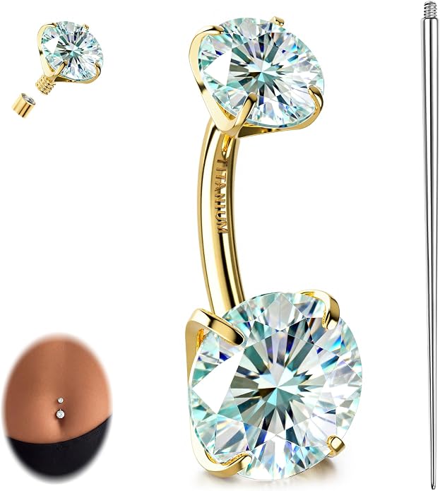 GEMQUEEN Moissanite ＆ G23 TItanium Belly Button Ring 18K Gold Plated Hypoallergenic Internally Threaded Belly Rings 14G Navel Piercing Jewelry For Women Men D Color VVS1 Clarity Brilliant Cut