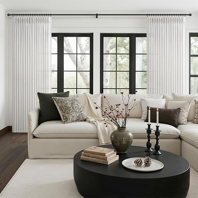 Off White Linen Pinch Pleated 90 Inch Curtains for Bedroom 4 Panels Set, Memory Trained Pleat Light Filtering Privacy Semi Sheer Living Room Window Curtain 90 Inches Long Modern Drapes with Back Tab