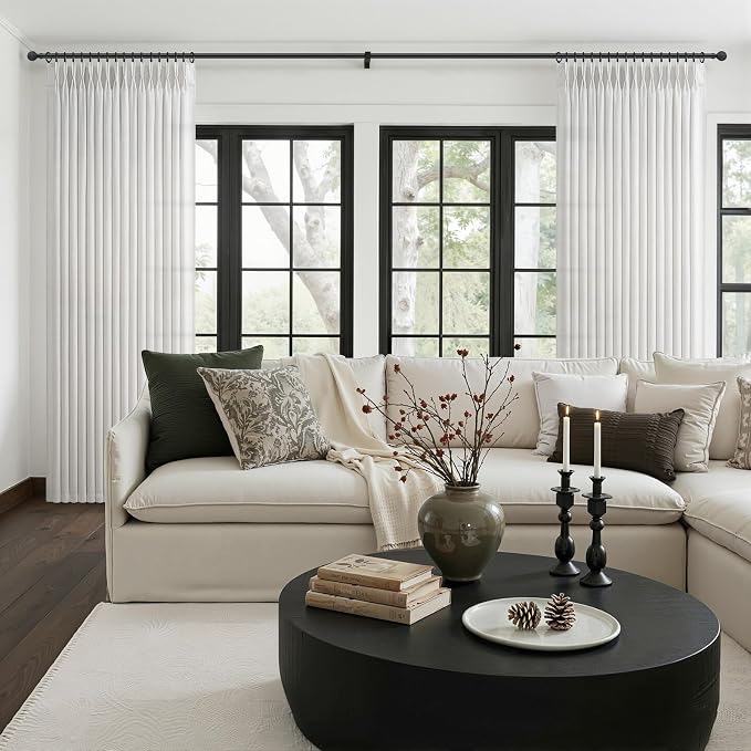 Linen Pinch Pleated Semi Sheer Sliding Door Curtains 84 Inches Long 4 Panels Set, Off White Memory Trained Light Filtering Heavy Window Curtain Privacy Country Viral Drapes for Bedroom 7FT Length