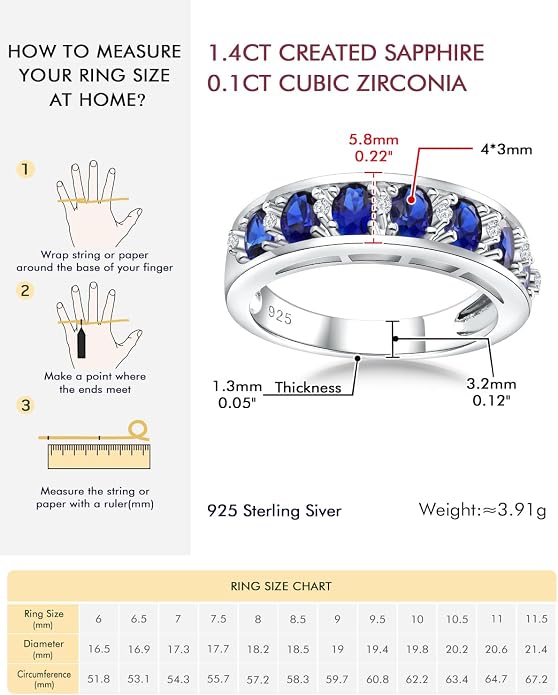 DAYBYDAY Oval Band Rings for Women, 925 Sterling Silver/14k Gold Plated Half Eternity Ring, Aquamarine/Ruby/Emerald/Sapphire Birthstone Rings, Thick Band Gemstone Anniversary Ring Size 6 to 10