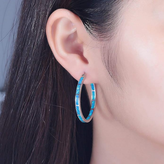 CiNily Opal Hoop Earrings,Women Jewelry Rhodium Plated/Rose Gold or Yellow Gold Plated Gemstone Big Hoop Earrings 32mm