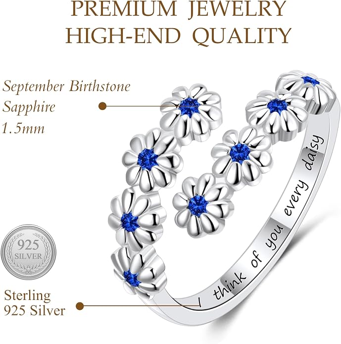 Dainty Daisy Ring for Women, S925 Sterling Silver Cubic Zirconia Sunflower Flower Ring For Daughter, I Think Of You Every Daisy Ring, Birthstone Flower Ring