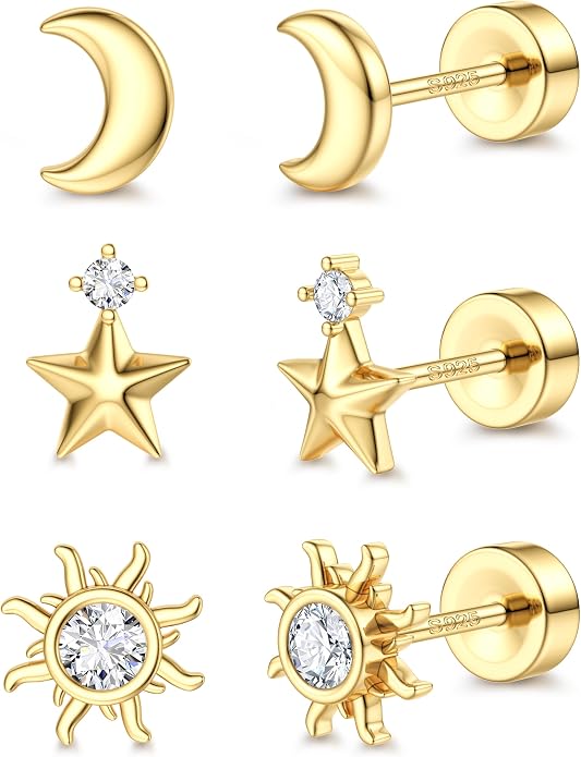 ORAZIO 925 Sterling Silver Flat Back Stud Earrings for Women Hypoallergenic 14K Gold Plated Cartilage Earrings for Sensitive Ears Small CZ Opal Conch Helix Tragus Piercing Jewelry 3 Pairs 20G