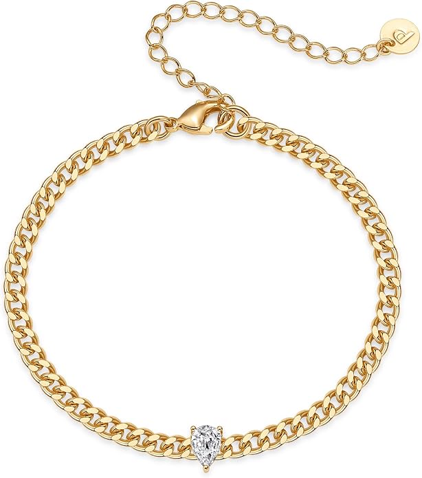 PAVOI 14K Gold Plated Cubic Zirconia Solitaire Diamond Bracelet | Bridesmaid Bracelets | Curb Cable Bracelets for Women