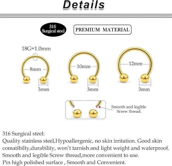 20G-00G Septum Rings Ear Gauges Earrings Stretching Kit 316L Surgical Steel Horseshoe Septum Pa Piercing Jewelry for Women 10mm 12mm 14mm 16mm