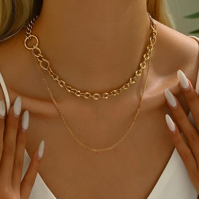 18K Gold Plated Layered Herringbone Necklaces for Women Dainty Layering Beaded Snake Chain Choker Moon Coin Pendant Necklace Trendy Stainless Steel Jewelry