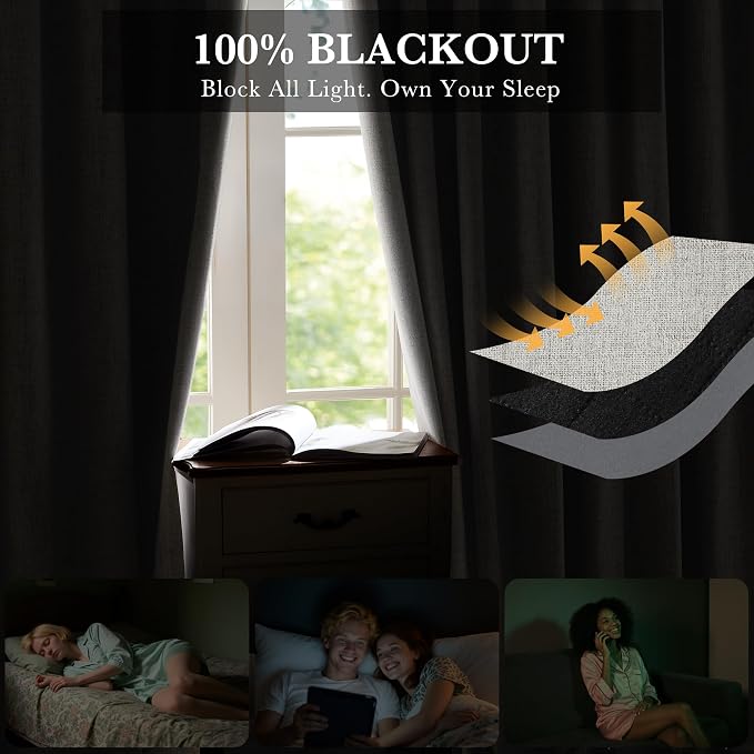 RYB HOME Cream 100% Blackout Curtains 63 inch Long, Light Blacking & Thermal Insulated Curtains for Nursery/Bedroom/Kids'Room, Back Tab & Rod Pocket Window Treatment, W52 x L63, 2 Panels
