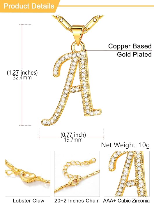 U7 Initial Necklace for Women, Gold/Platinum Plated CZ Crystal Letter A-Z Pendant Necklace, Shiny 20 Inch Name Chain Dainty Personalized Jewelry for Men Mom Wife Friend