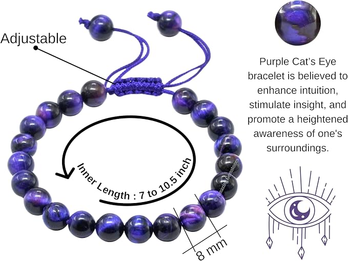Amazing Gemstone Purple Tiger Eye Bracelet, Gifts for Men & Women - Protection Healing Crystal Bracelet - 8mm Gemstone Beaded Adjustable Bracelet, Pulseras para Hombres Mujer Stocking Stuffers